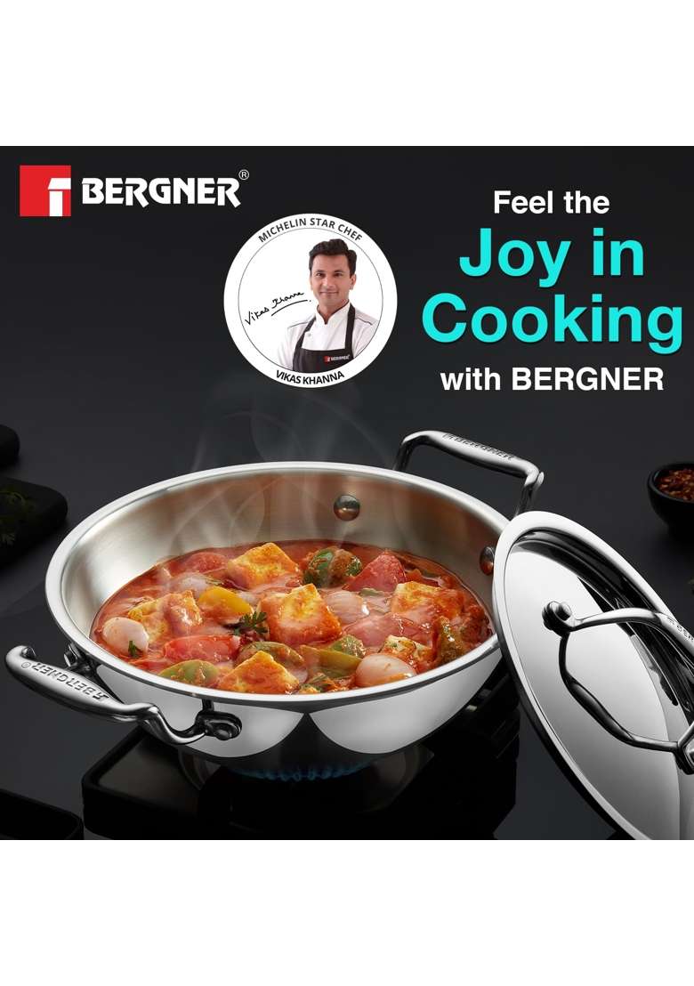 BERGNER Argent Triply | 4.5 L | 4.8 Qt | 26 cm | 10.2 Inch | Induction Compatible | With Lid - Indya