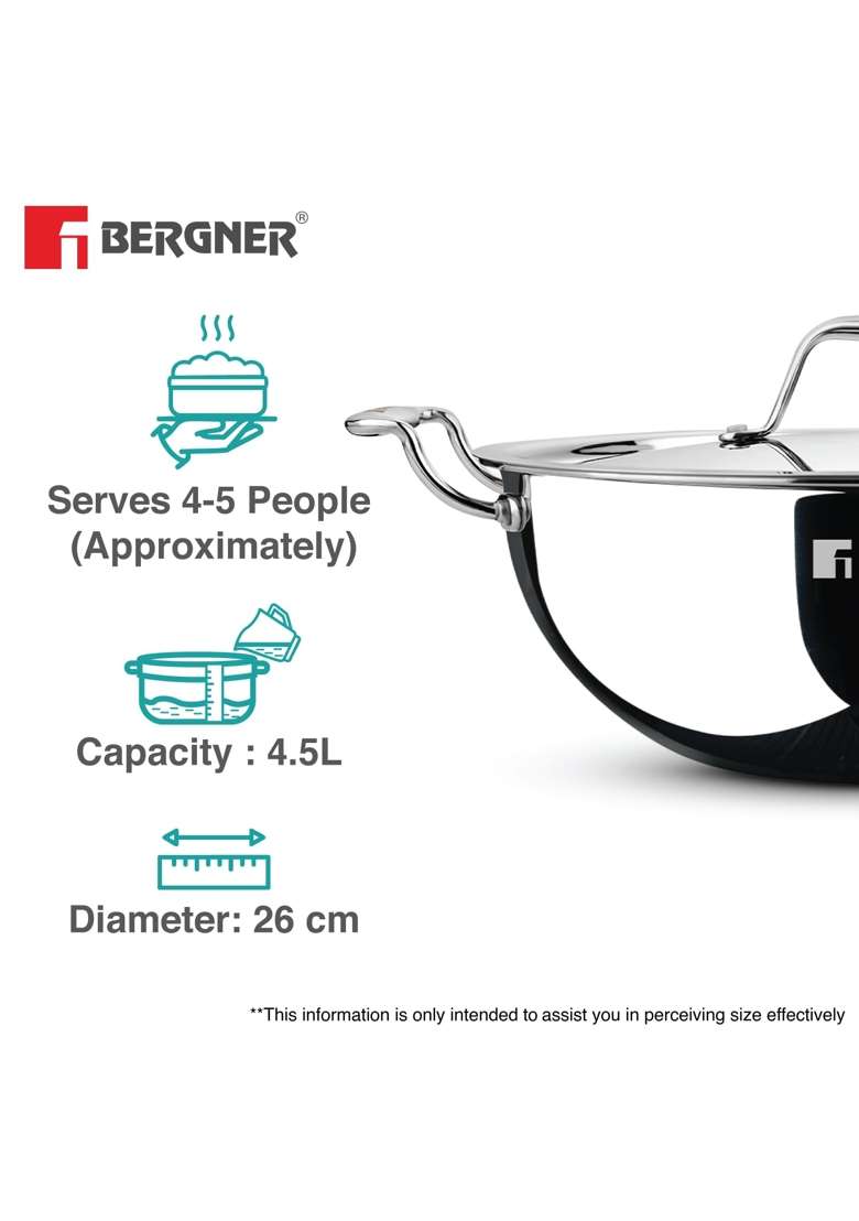 BERGNER Argent Triply | 4.5 L | 4.8 Qt | 26 cm | 10.2 Inch | Induction Compatible | With Lid - Indya