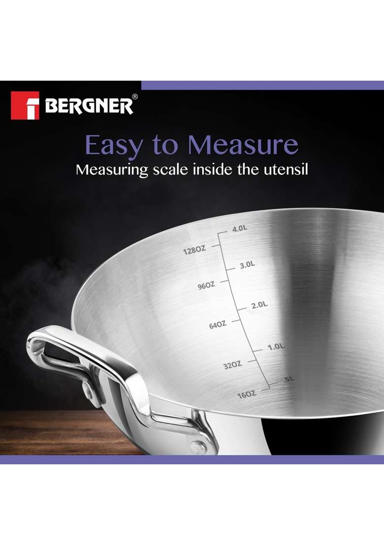 BERGNER BE Essentials TriPly Stainless Steel Extra Deep Kadai Wok | 4 L | 4.2 Qt | 28 cm | 11 Inch - Indya