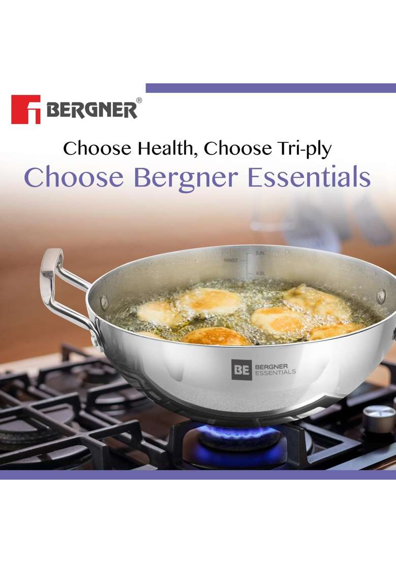 BERGNER BE Essentials TriPly Stainless Steel Extra Deep Kadai Wok | 4 L | 4.2 Qt | 28 cm | 11 Inch - Indya