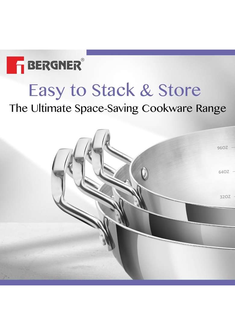 BERGNER BE Essentials TriPly Stainless Steel Extra Deep Kadai Wok | 4 L | 4.2 Qt | 28 cm | 11 Inch - Indya