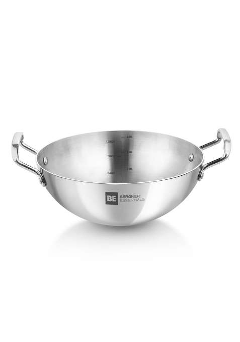 BERGNER BE Essentials TriPly Stainless Steel Extra Deep Kadai Wok | 4 L | 4.2 Qt | 28 cm | 11 Inch