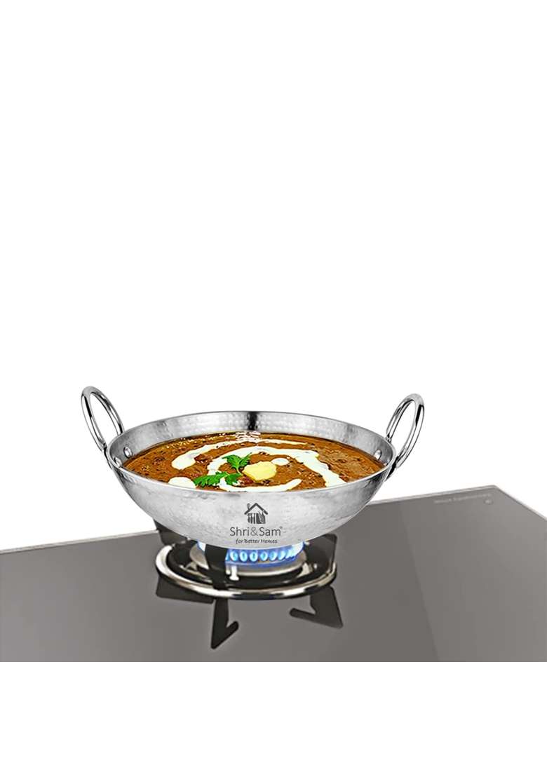 Shri and Sam Stainless Steel Heavy Weight Hammered Kadhai Wok | 1.8 L | 1.9 Qt | 22 cm | 8.7 Inch - Indya