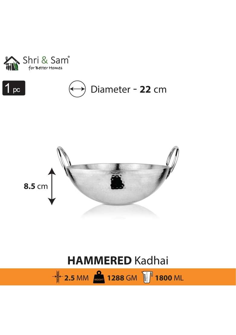 Shri and Sam Stainless Steel Heavy Weight Hammered Kadhai Wok | 1.8 L | 1.9 Qt | 22 cm | 8.7 Inch - Indya