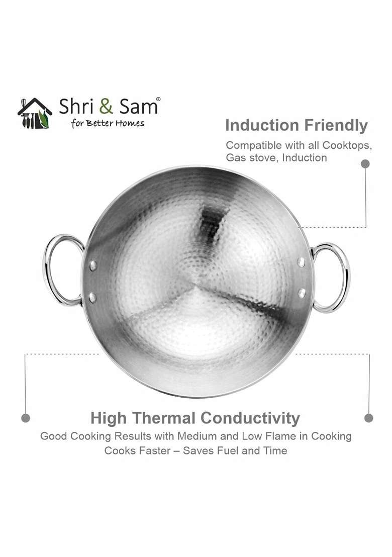 Shri and Sam Stainless Steel Heavy Weight Hammered Kadhai Wok | 1.8 L | 1.9 Qt | 22 cm | 8.7 Inch - Indya
