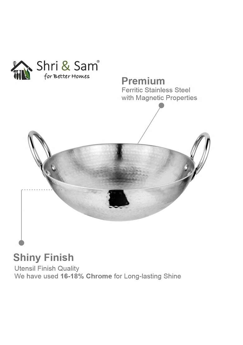 Shri and Sam Stainless Steel Heavy Weight Hammered Kadhai Wok | 1.8 L | 1.9 Qt | 22 cm | 8.7 Inch - Indya