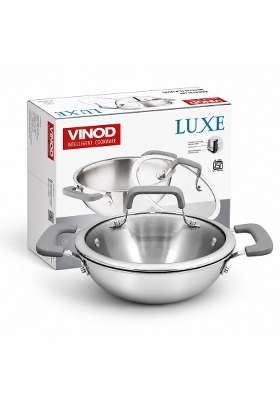 Vinod Platinum Luxe Triply Stainless Steel Kadai Wok with Glass Lid | 1.8 L | 1.9 Qt | 20 cm | 7.9 Inch