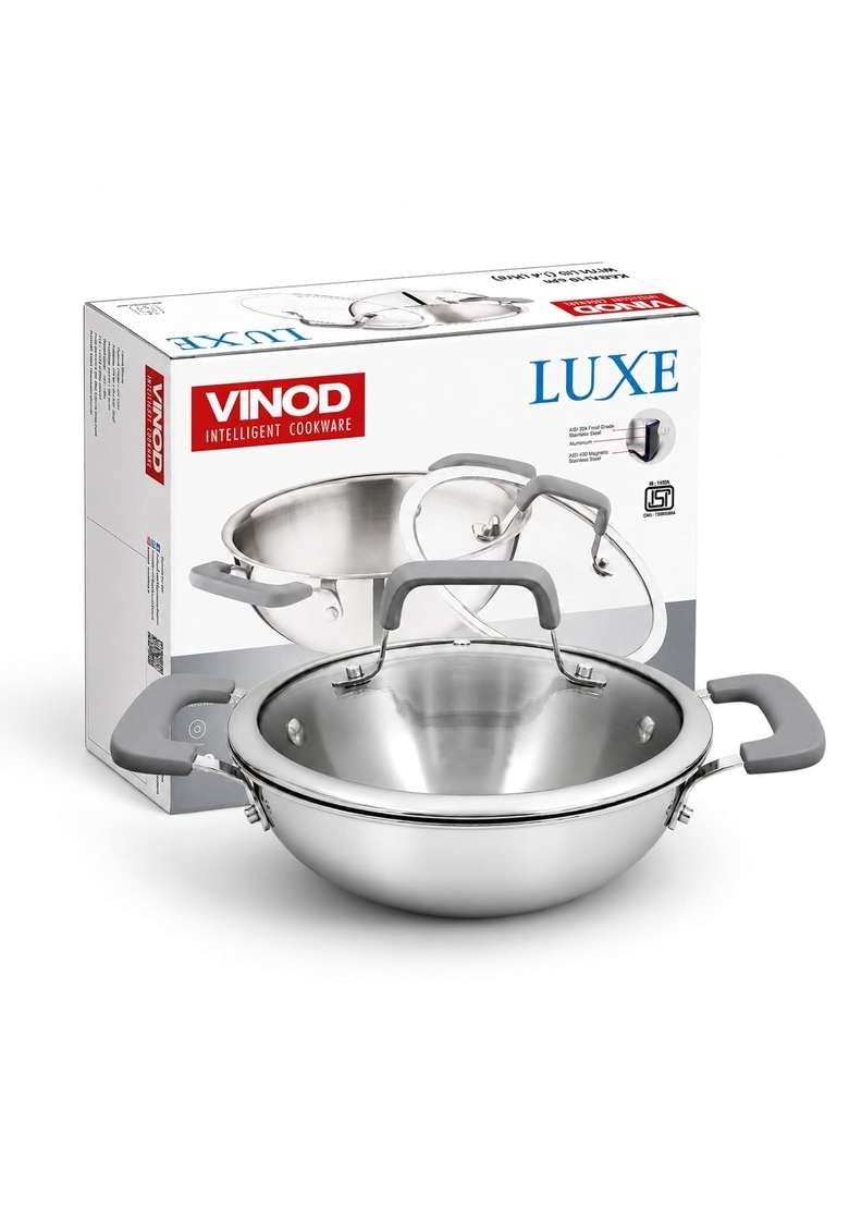 Vinod Platinum Luxe Triply Stainless Steel Kadai Wok with Glass Lid | 1.8 L | 1.9 Qt | 20 cm | 7.9 Inch - Indya