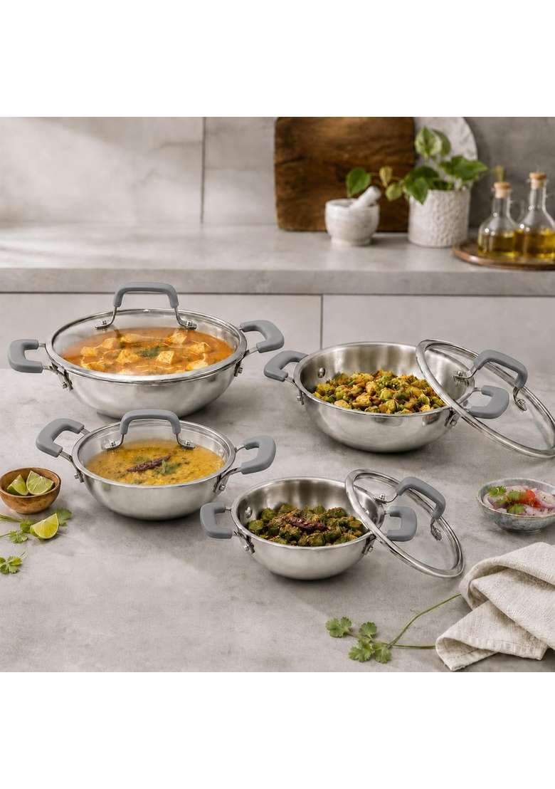 Vinod Platinum Luxe Triply Stainless Steel Kadai Wok with Glass Lid | 1.8 L | 1.9 Qt | 20 cm | 7.9 Inch - Indya