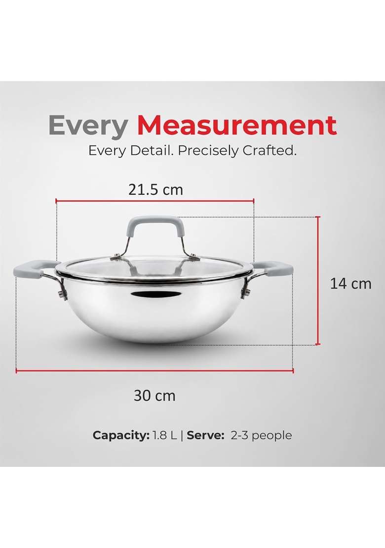Vinod Platinum Luxe Triply Stainless Steel Kadai Wok with Glass Lid | 1.8 L | 1.9 Qt | 20 cm | 7.9 Inch - Indya