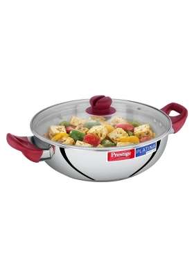Prestige Platina Popular Stainless Steel Gas and Induction Compatible Kadai Wok with Glass | With Lid