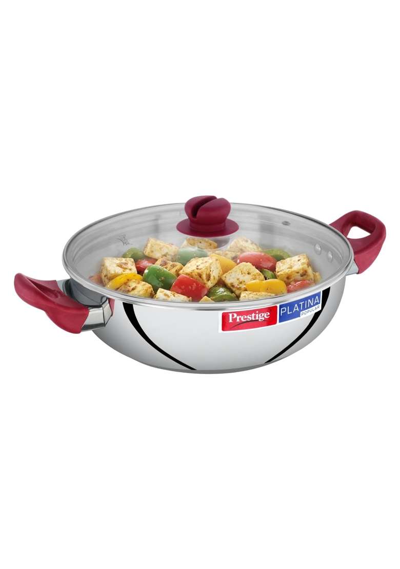 Prestige Platina Popular Stainless Steel Gas and Induction Compatible Kadai Wok with Glass | With Lid - Indya