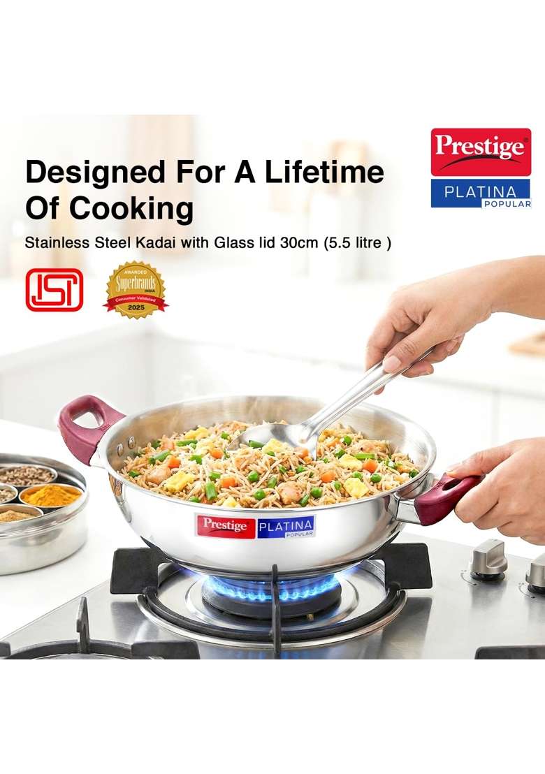 Prestige Platina Popular Stainless Steel Gas and Induction Compatible Kadai Wok with Glass | With Lid - Indya