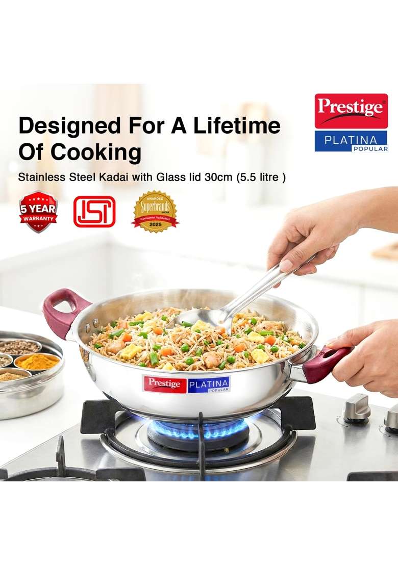 Prestige Platina Popular Stainless Steel Gas and Induction Compatible Kadai Wok with Glass | With Lid - Indya