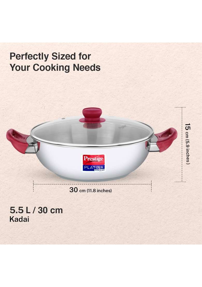 Prestige Platina Popular Stainless Steel Gas and Induction Compatible Kadai Wok with Glass | With Lid - Indya