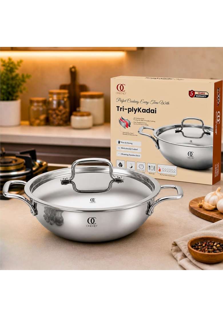 Omichef Triply Stainless Steel Kadai Wok Kadhai with Lid | 5 L | 5.3 Qt | 28 cm | 11 Inch | Induction Compatible | Food Safe - Indya