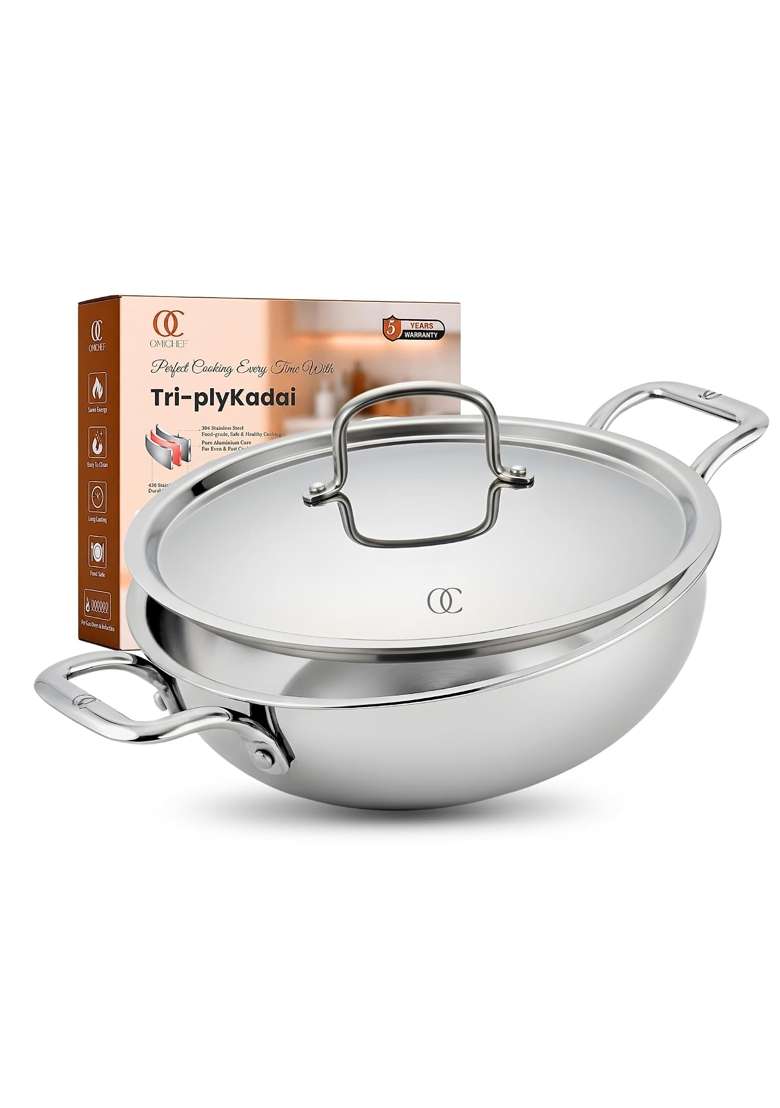 Omichef Triply Stainless Steel Kadai Wok Kadhai with Lid | 5 L | 5.3 Qt | 28 cm | 11 Inch | Induction Compatible | Food Safe - Indya