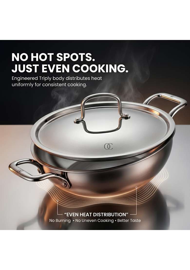 Omichef Triply Stainless Steel Kadai Wok Kadhai with Lid | 5 L | 5.3 Qt | 28 cm | 11 Inch | Induction Compatible | Food Safe - Indya