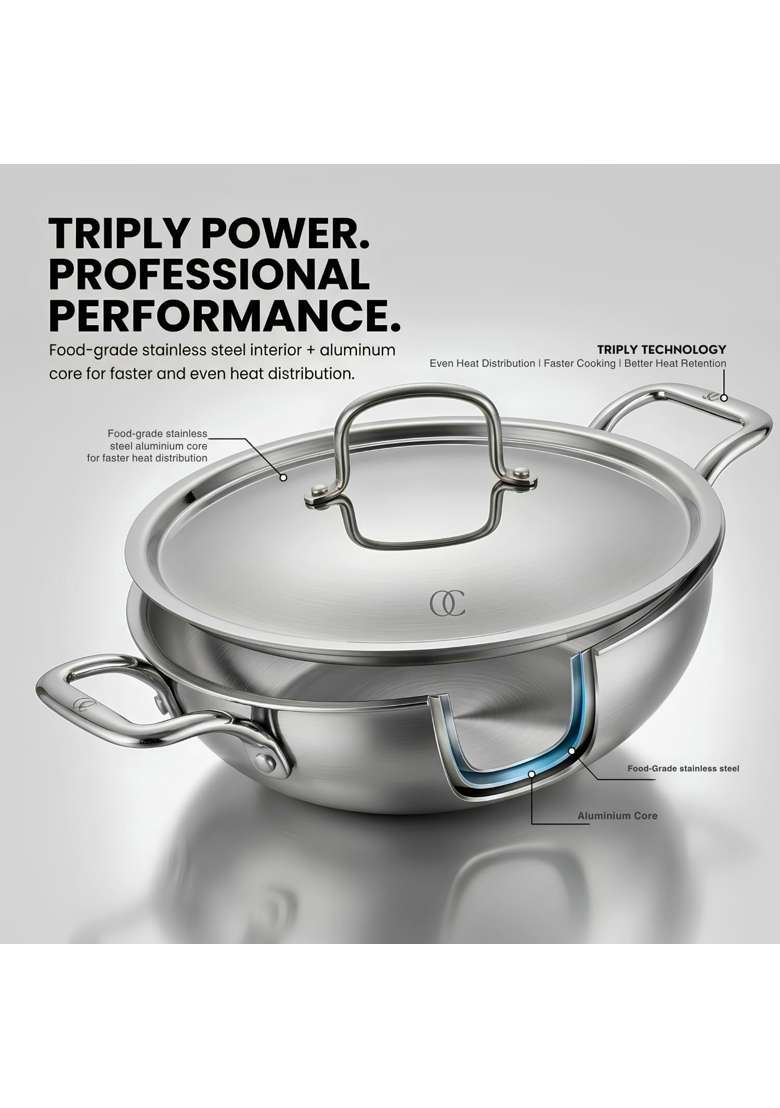 Omichef Triply Stainless Steel Kadai Wok Kadhai with Lid | 5 L | 5.3 Qt | 28 cm | 11 Inch | Induction Compatible | Food Safe - Indya