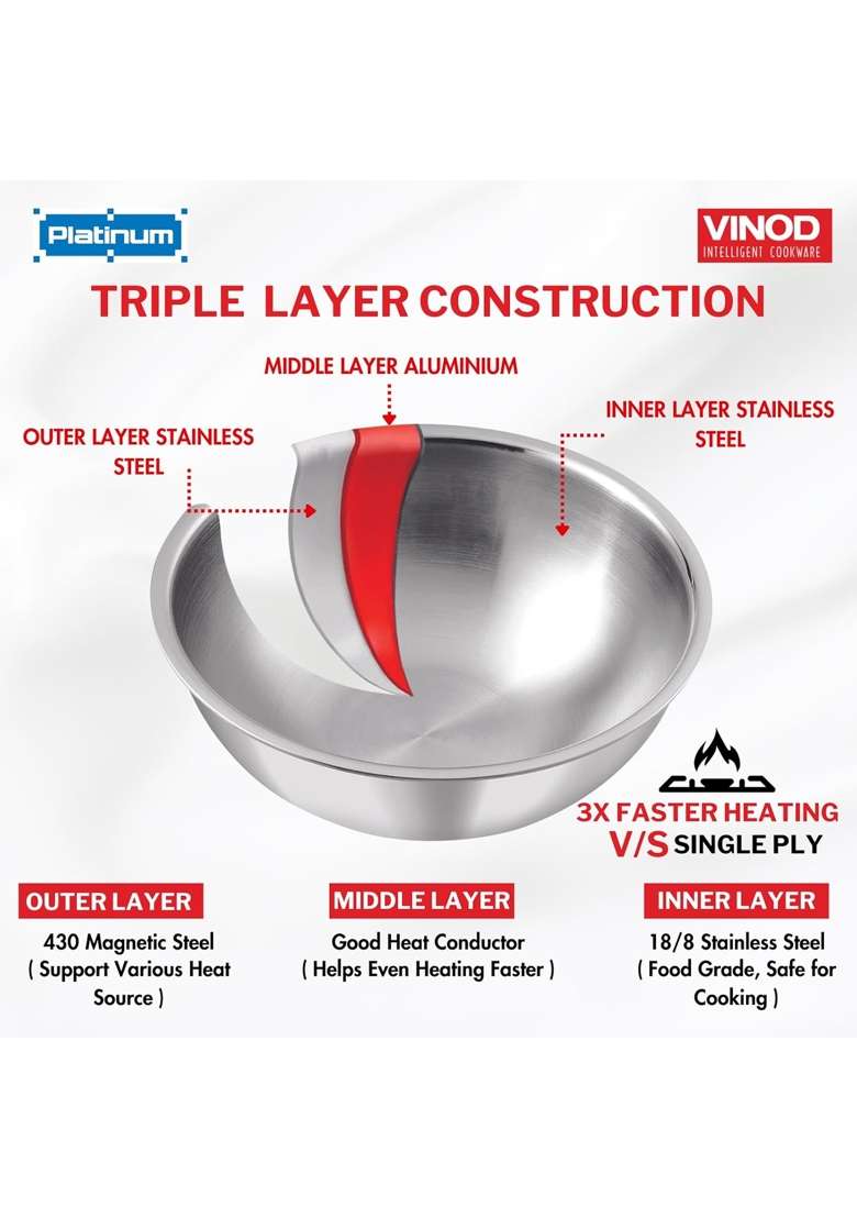 Vinod Platinum Triply Stainless Steel Extra Deep Tasla Kadai Wok | 1.8 L | 1.9 Qt | 20 cm | 7.9 Inch | Induction Compatible | Heavy Bottom - Indya