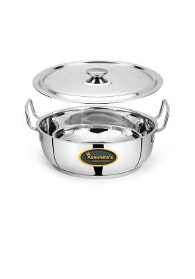 Kanshita's Rasoiware Heavy Gauge Stainless Steel Induction Bottom Gas Stove Friendly Kadai Wok with Lid | 2.5 L | 2.6 Qt
