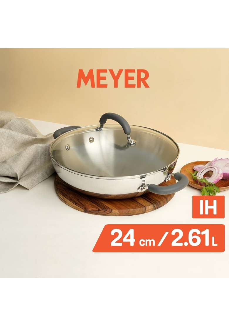 Meyer Trivantage Nickel Free Stainless Steel Triply Kadai Wok | 24 cm | 9.4 Inch | Induction Compatible | With Lid - Indya