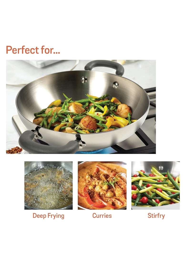Meyer Trivantage Nickel Free Stainless Steel Triply Kadai Wok | 24 cm | 9.4 Inch | Induction Compatible | With Lid - Indya