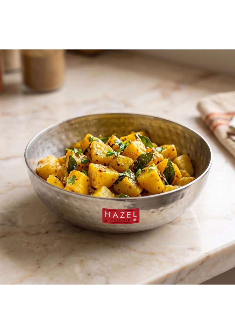 HAZEL Stainless Steel Kadai Wok Without Handle | 1 L | 1.1 Qt | 18 cm | 7.1 Inch | Hammered Finish - Indya
