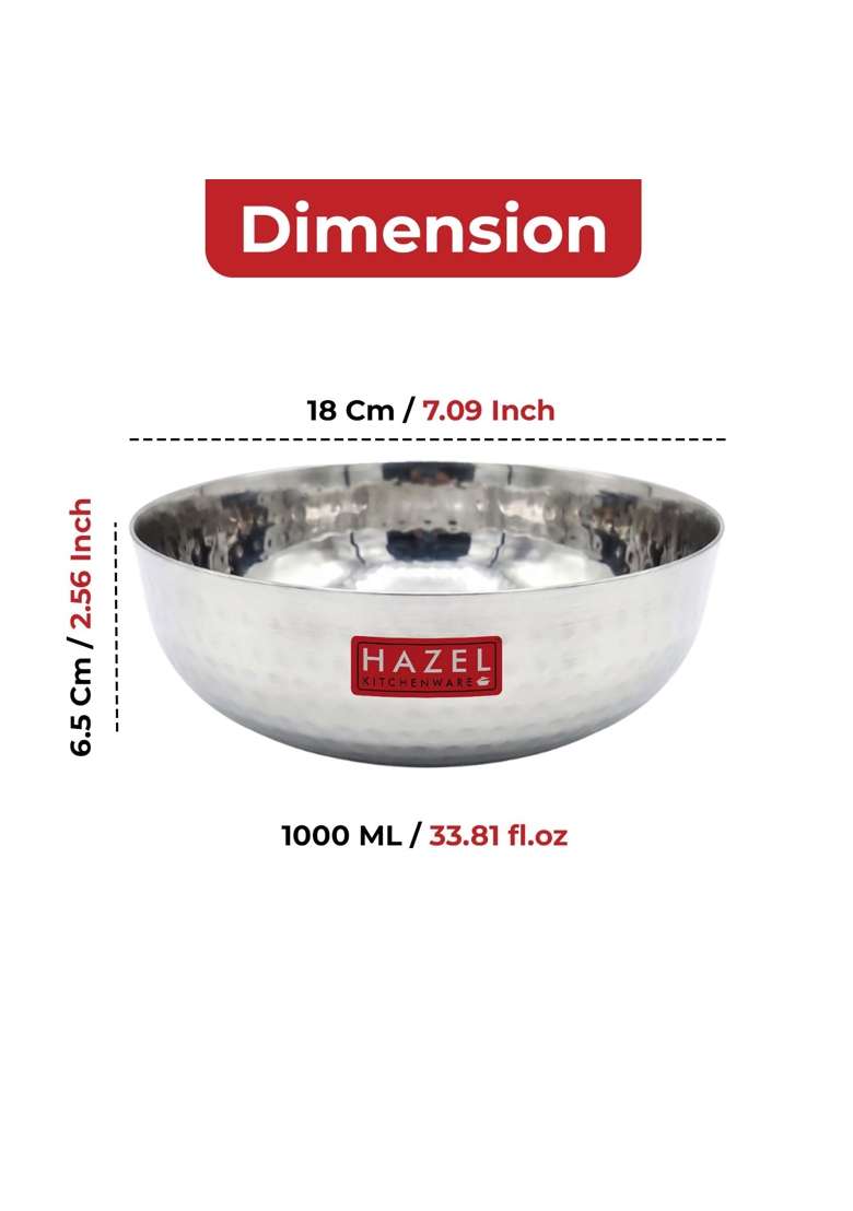 HAZEL Stainless Steel Kadai Wok Without Handle | 1 L | 1.1 Qt | 18 cm | 7.1 Inch | Hammered Finish - Indya