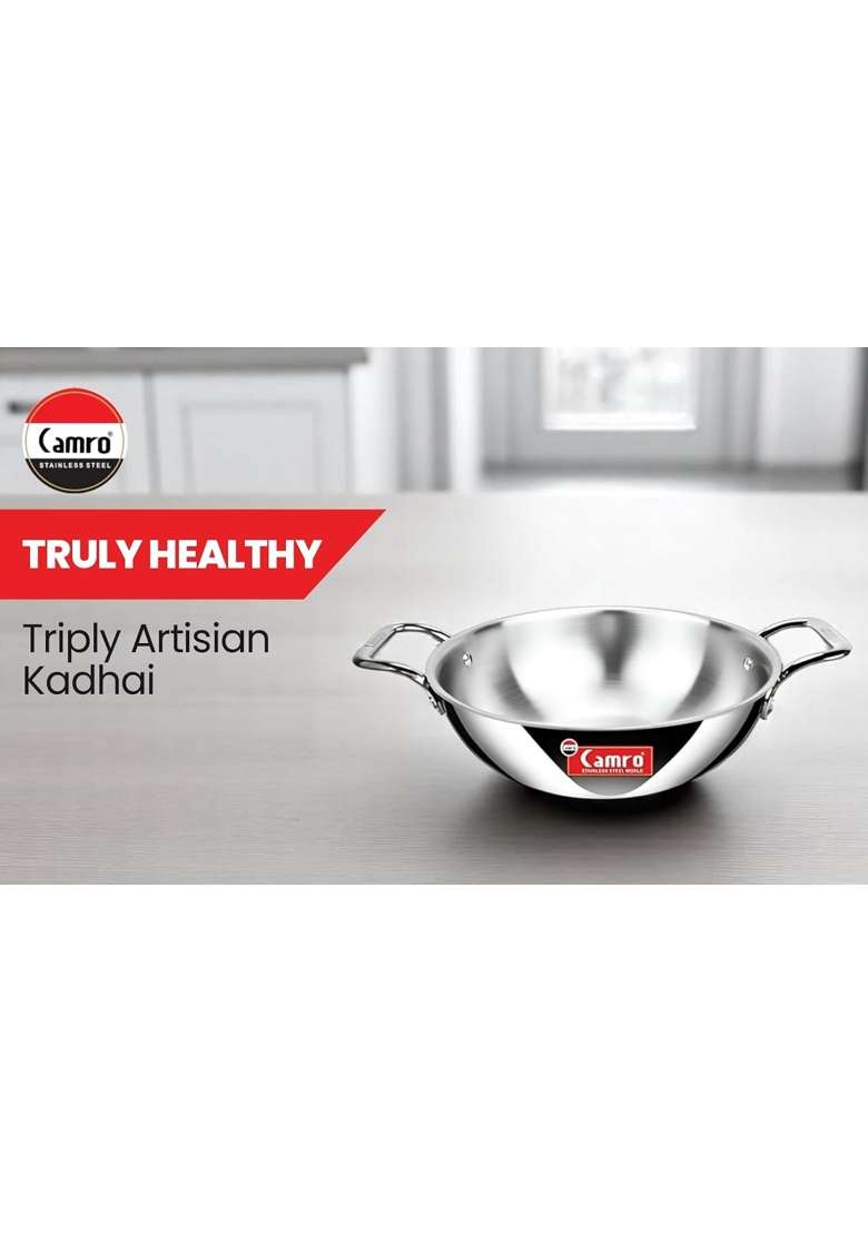 Camro Triply Artisian Kadai Wok | 1 L | 1.1 Qt | 18 cm | 7.1 Inch | Induction Compatible - Indya