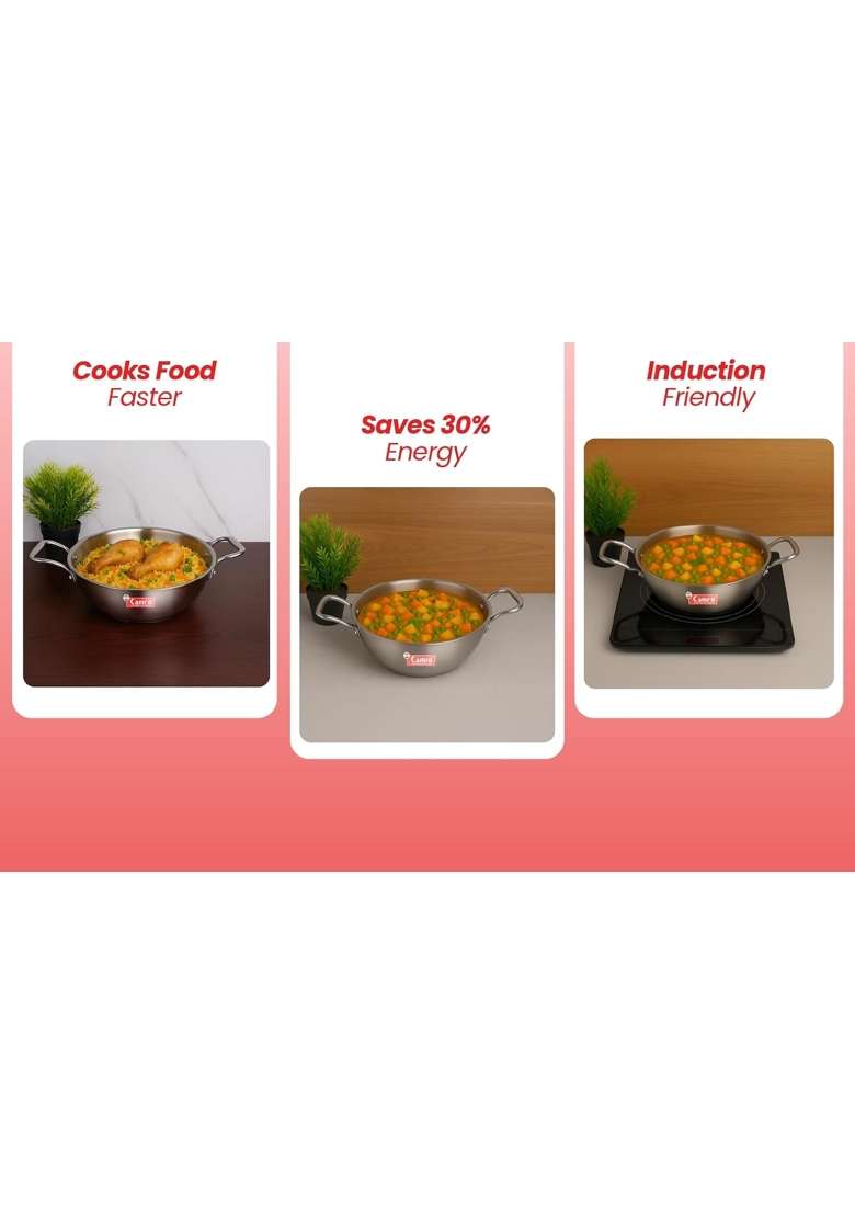 Camro Triply Artisian Kadai Wok | 1 L | 1.1 Qt | 18 cm | 7.1 Inch | Induction Compatible - Indya