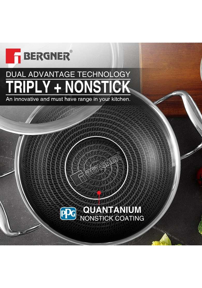 BERGNER Hi-Tech Giro Triply Stainless Steel Kadai Wok with Glass Lid | 2.5 L | 2.6 Qt | 24 cm | 9.4 Inch | Induction Compatible | Non-Stick - Indya