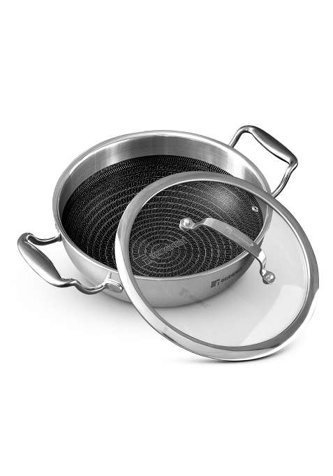 BERGNER Hi-Tech Giro Triply Stainless Steel Kadai Wok with Glass Lid | 2.5 L | 2.6 Qt | 24 cm | 9.4 Inch | Induction Compatible | Non-Stick