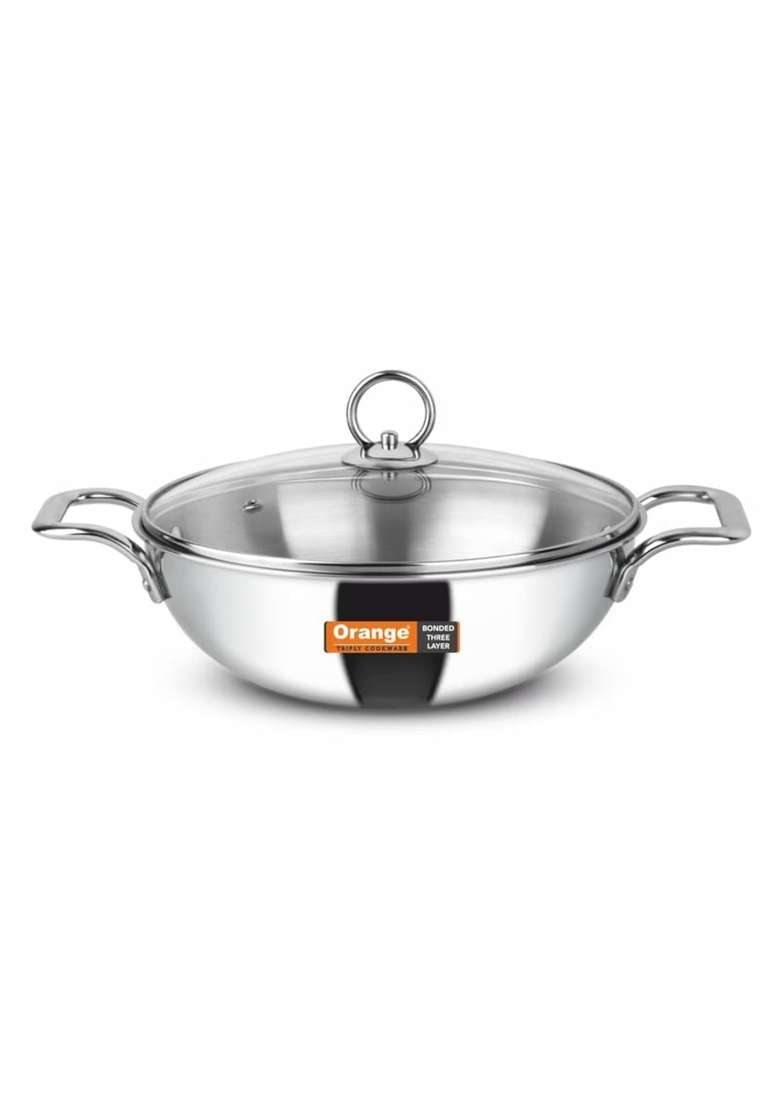 Orange Triply Stainless Steel Deep Kadai Wok with Glass Lid Capacity | 2.5 L | 2.6 Qt | 22 cm | 8.7 Inch | Induction Compatible | Heavy Bottom - Indya
