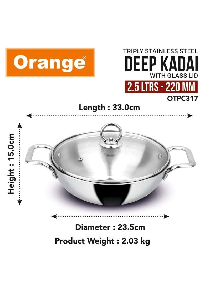 Orange Triply Stainless Steel Deep Kadai Wok with Glass Lid Capacity | 2.5 L | 2.6 Qt | 22 cm | 8.7 Inch | Induction Compatible | Heavy Bottom - Indya
