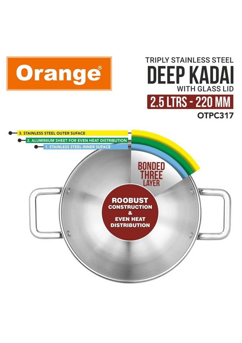 Orange Triply Stainless Steel Deep Kadai Wok with Glass Lid Capacity | 2.5 L | 2.6 Qt | 22 cm | 8.7 Inch | Induction Compatible | Heavy Bottom - Indya