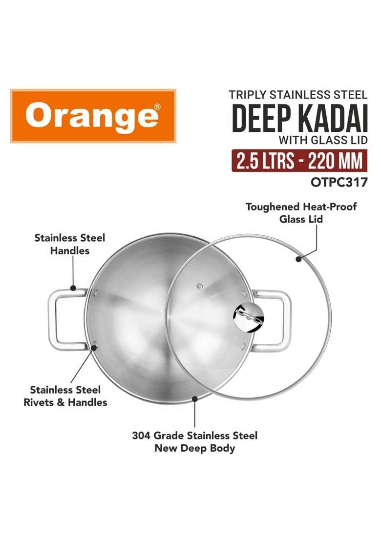 Orange Triply Stainless Steel Deep Kadai Wok with Glass Lid Capacity | 2.5 L | 2.6 Qt | 22 cm | 8.7 Inch | Induction Compatible | Heavy Bottom - Indya