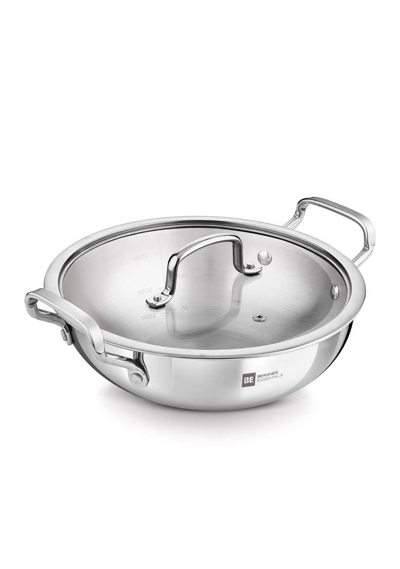 BERGNER BE Essentials Triply Stainless Steel Kadai Wok with Flat Glass Lid | 3 L | 3.2 Qt | 24 cm | 9.4 Inch | Induction Compatible - Indya