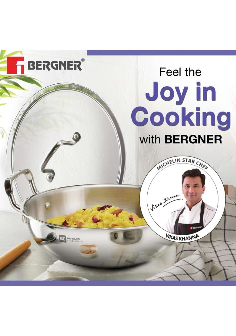 BERGNER BE Essentials Triply Stainless Steel Kadai Wok with Flat Glass Lid | 3 L | 3.2 Qt | 24 cm | 9.4 Inch | Induction Compatible - Indya