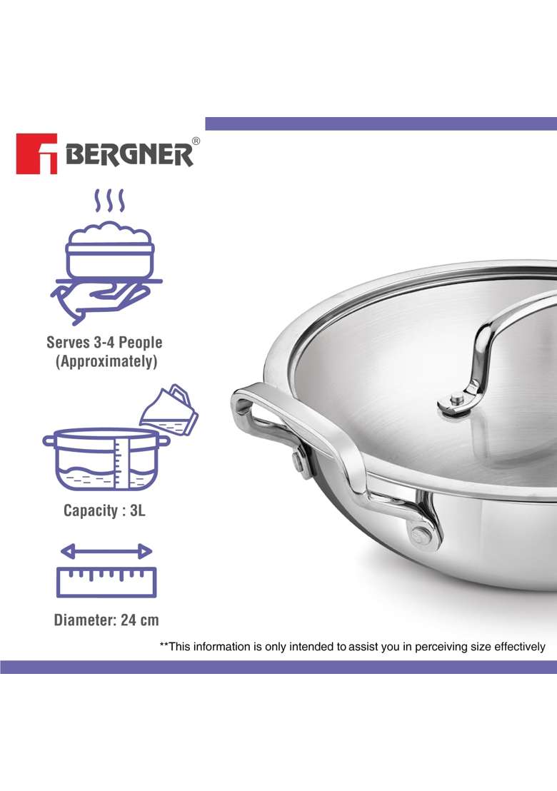 BERGNER BE Essentials Triply Stainless Steel Kadai Wok with Flat Glass Lid | 3 L | 3.2 Qt | 24 cm | 9.4 Inch | Induction Compatible - Indya