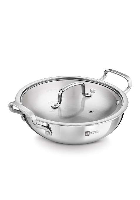 BERGNER BE Essentials Triply Stainless Steel Kadai Wok with Flat Glass Lid | 3 L | 3.2 Qt | 24 cm | 9.4 Inch | Induction Compatible