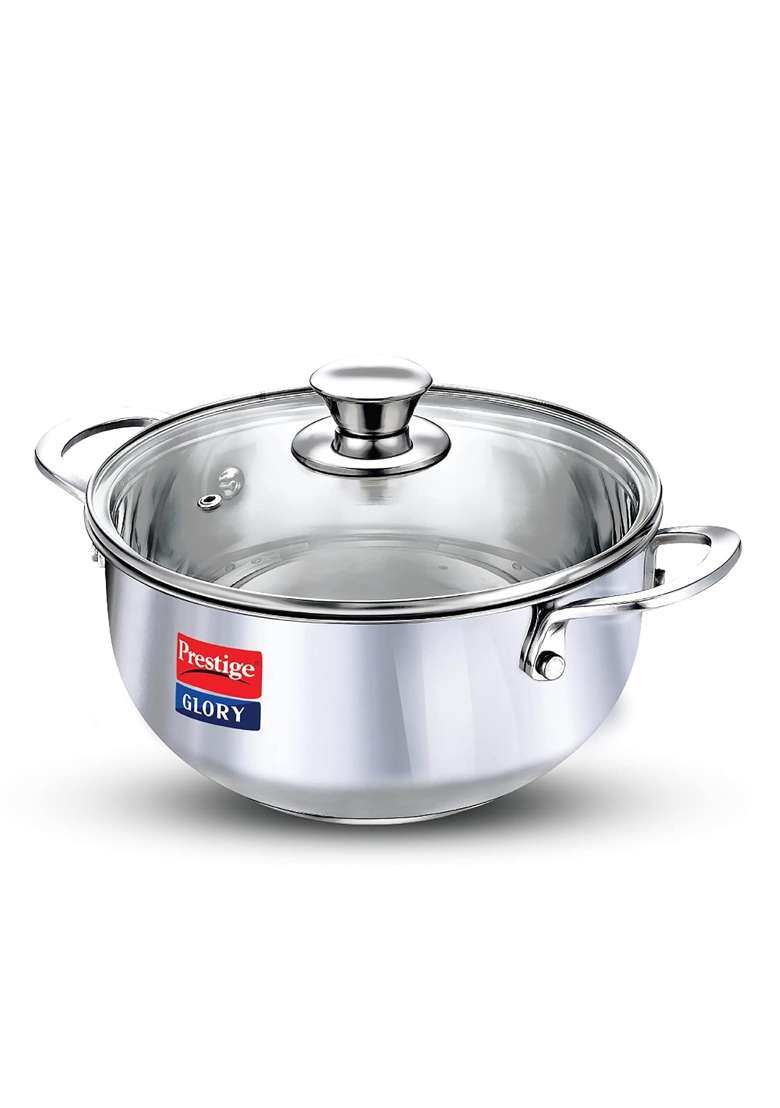 Prestige Glory Stainless Steel Cookware Kadai Wok with Glass Lid | 3.5 L | 3.7 Qt | 22 cm | 8.7 Inch - Indya