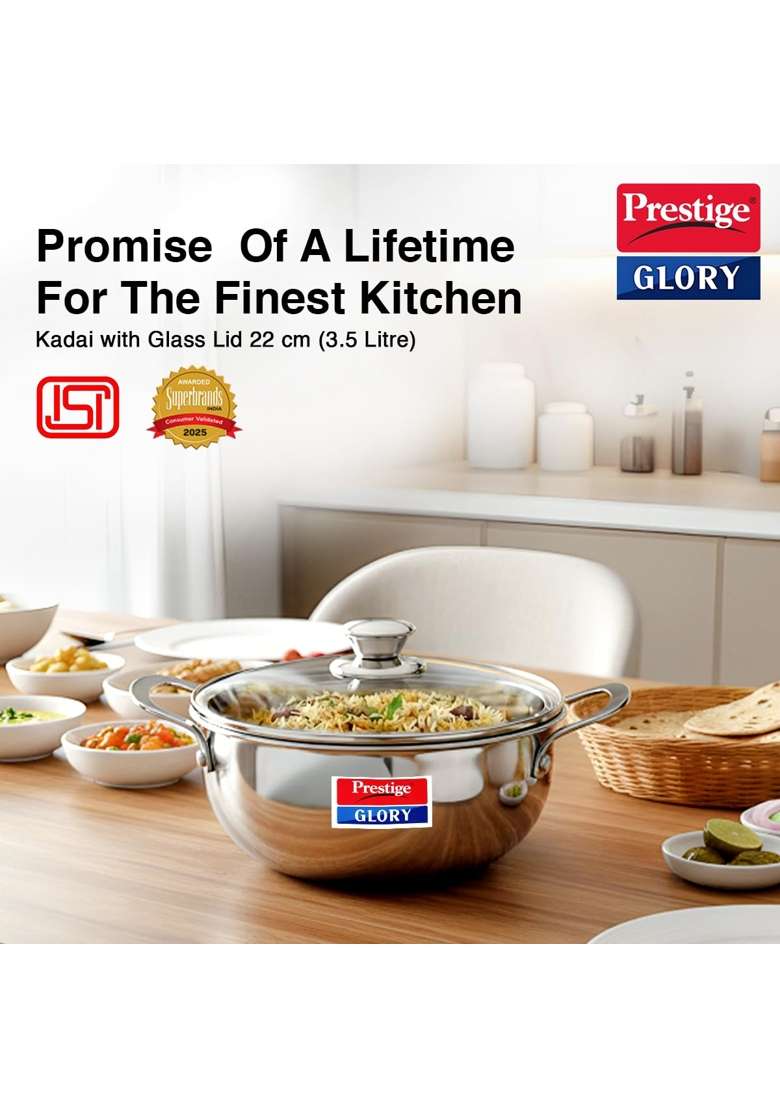 Prestige Glory Stainless Steel Cookware Kadai Wok with Glass Lid | 3.5 L | 3.7 Qt | 22 cm | 8.7 Inch - Indya