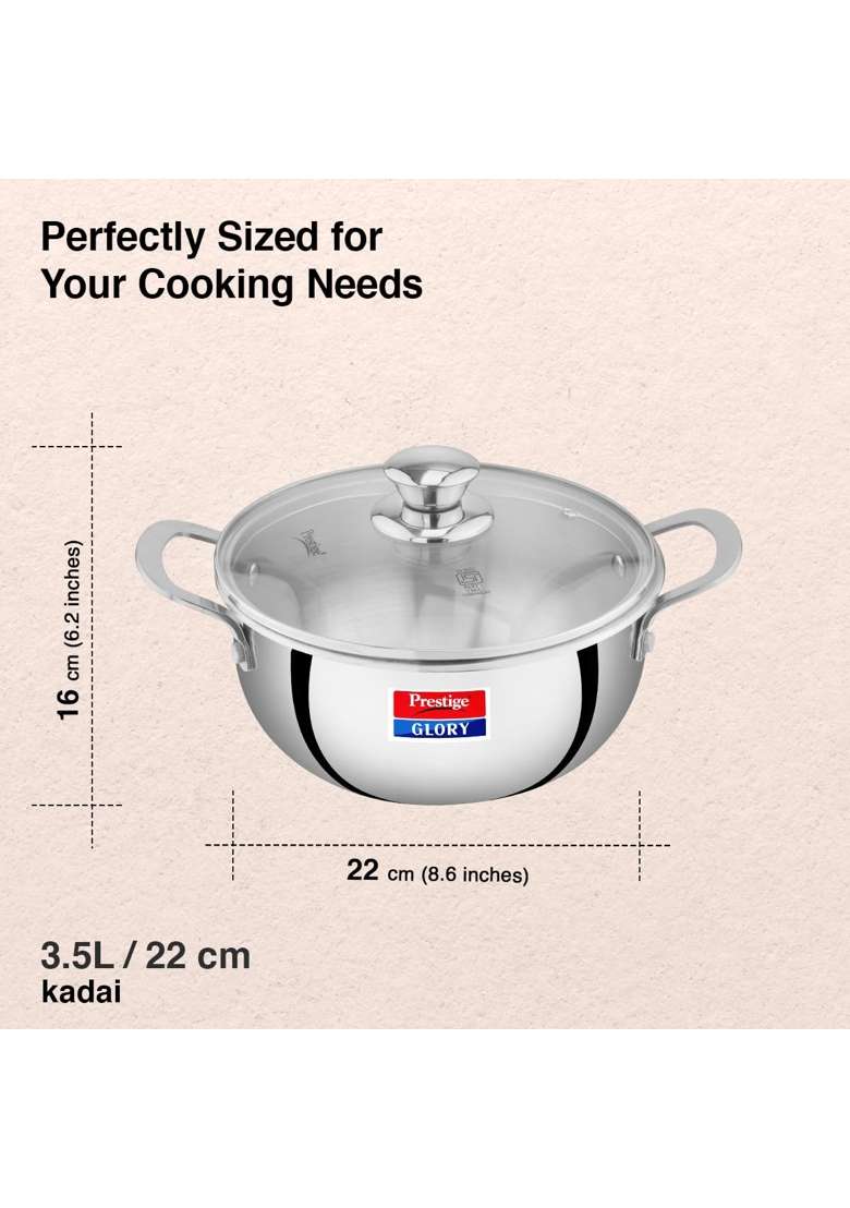 Prestige Glory Stainless Steel Cookware Kadai Wok with Glass Lid | 3.5 L | 3.7 Qt | 22 cm | 8.7 Inch - Indya