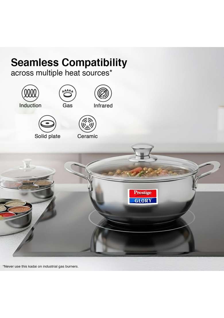 Prestige Glory Stainless Steel Cookware Kadai Wok with Glass Lid | 3.5 L | 3.7 Qt | 22 cm | 8.7 Inch - Indya