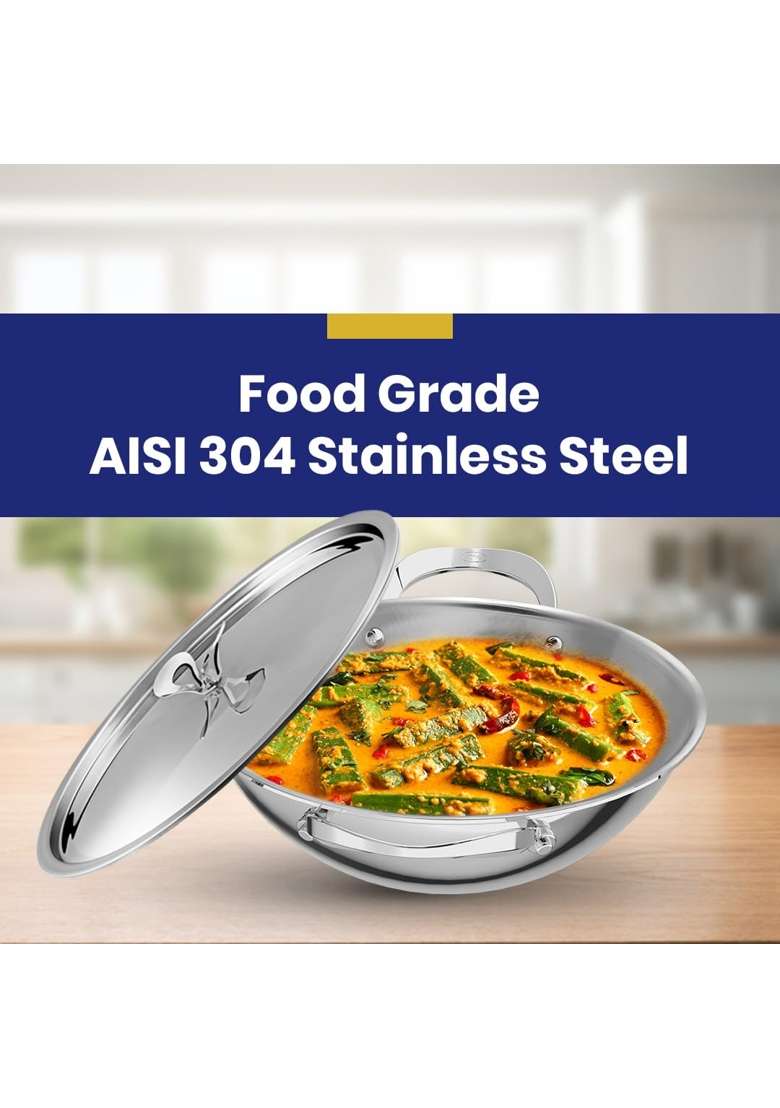 ULTRA Triply Kadai Wok Round Bottom | 3 L | 3.2 Qt | 26 cm | 10.2 Inch | Non-Stick | Food Safe - Indya