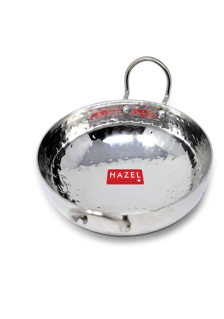 HAZEL Stainless Steel Kadai Wok with Handle I Steel Kadhai | 1 L | 1.1 Qt | Hammered Finish - Indya