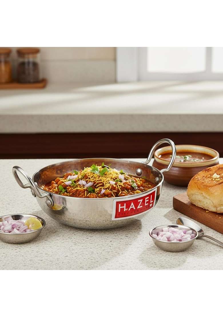 HAZEL Stainless Steel Kadai Wok with Handle I Steel Kadhai | 1 L | 1.1 Qt | Hammered Finish - Indya