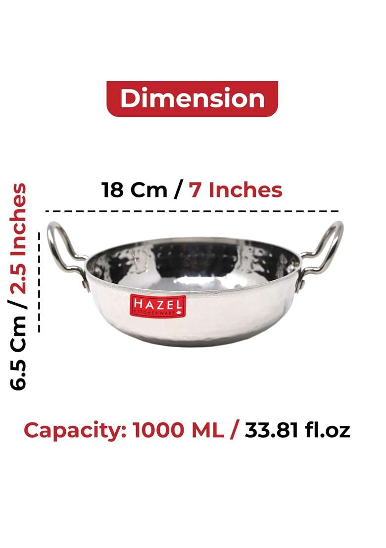 HAZEL Stainless Steel Kadai Wok with Handle I Steel Kadhai | 1 L | 1.1 Qt | Hammered Finish - Indya