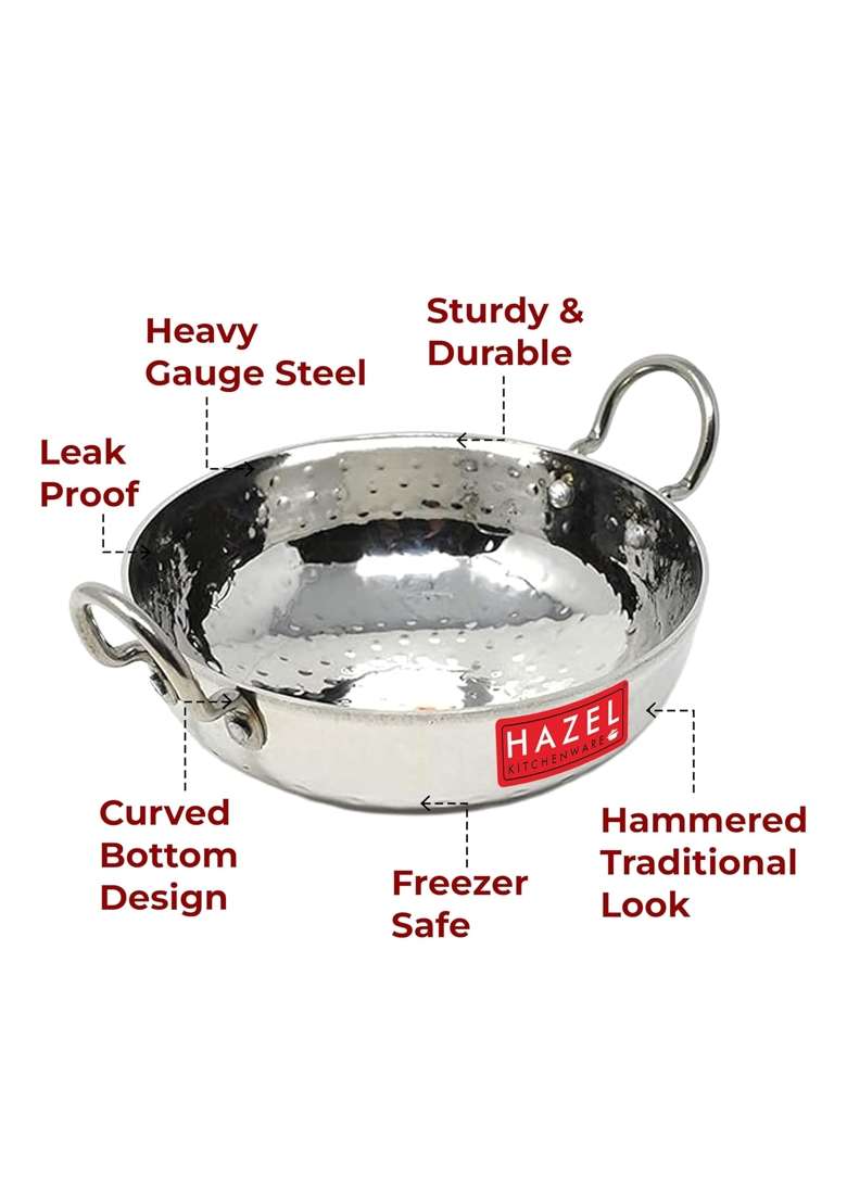 HAZEL Stainless Steel Kadai Wok with Handle I Steel Kadhai | 1 L | 1.1 Qt | Hammered Finish - Indya